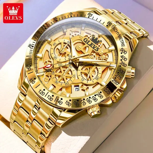 Stainless steel gold skeleton watch with luminous hands for men - Gold / Italy