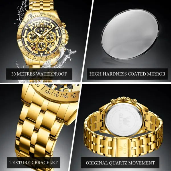Stainless steel gold skeleton watch with luminous hands for men