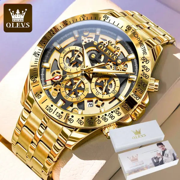 Stainless steel gold skeleton watch with luminous hands for men