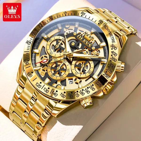 Stainless steel gold skeleton watch with luminous hands for men - black / United States