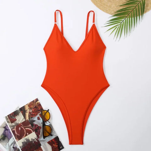 One Piece Swimsuit Women – Deep V Neck Solid Color Monokini