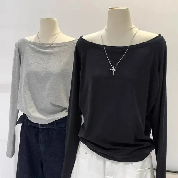 Women’s Asymmetrical One-Shoulder Long Sleeve Top – Slant Neck Cotton Base Layer Chic Winter Truffle Brown Slim-Fit