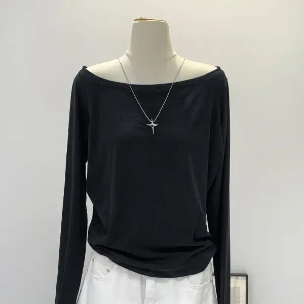 Women’s Asymmetrical One-Shoulder Long Sleeve Top – Slant Neck Cotton Base Layer Chic Winter Truffle Brown Slim-Fit
