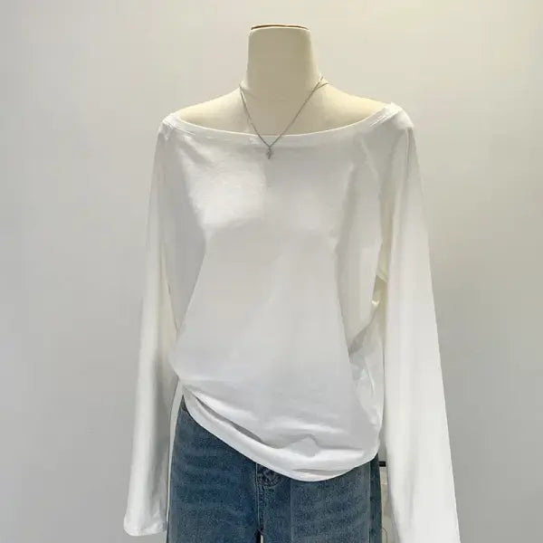 Women’s Asymmetrical One-Shoulder Long Sleeve Top – Slant Neck Cotton Base Layer Chic Winter Truffle Brown Slim-Fit
