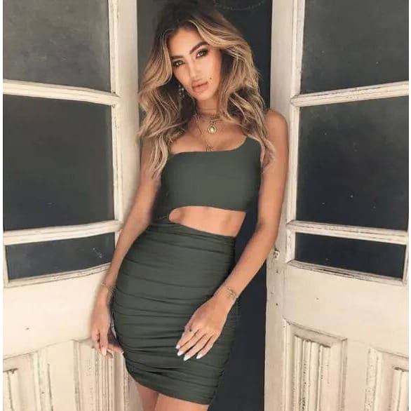 One Shoulder Dress - Elegant Wrapped Chest Party Dress for Women - Army Green / L