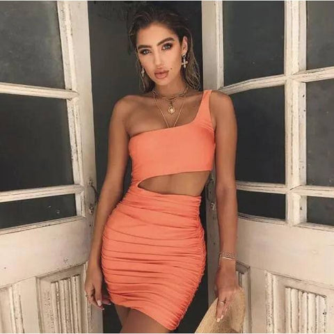 One Shoulder Dress - Elegant Wrapped Chest Party Dress for Women - Orange / L