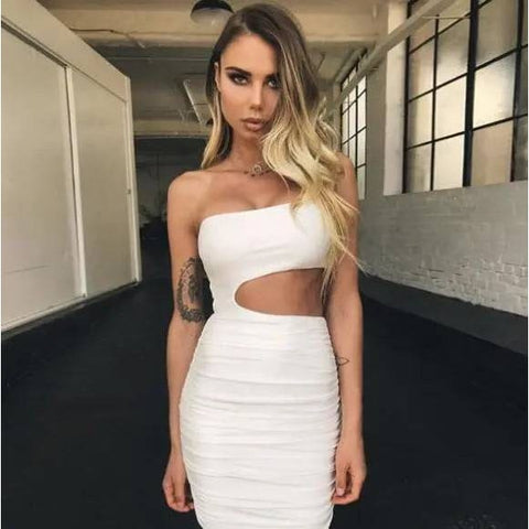 One Shoulder Dress - Elegant Wrapped Chest Party Dress for Women - White / L