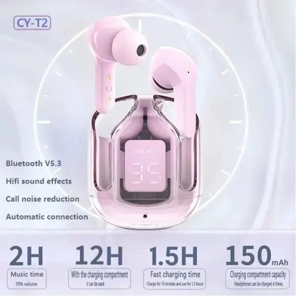 Original T2 Wireless Bluetooth Earphone Transparent HIFI Headphones LED Power Digital Display Stereo Sound Earphones