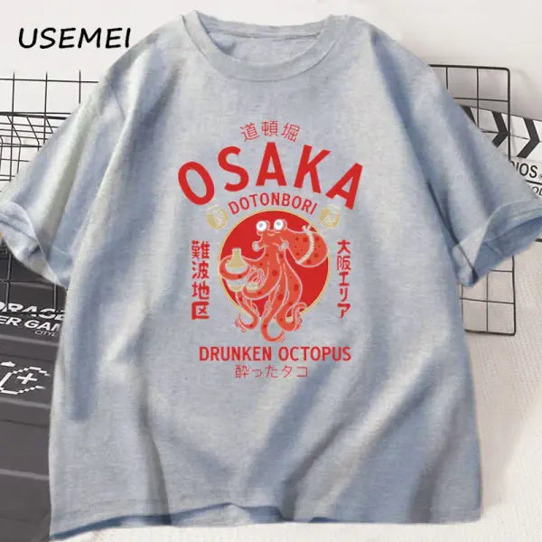 Osaka Dotonbori Drunken Octopus Graphic T Shirts Japanese Style Street Food Lover Tshirt Cotton Vintage Short Sleeve