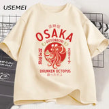 Osaka Dotonbori Drunken Octopus Graphic T Shirts Japanese Style Street Food Lover Tshirt Cotton Vintage Short Sleeve