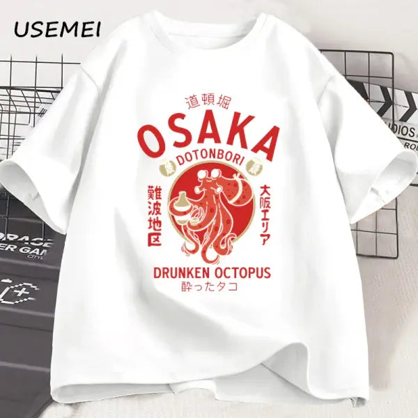 Osaka Dotonbori Drunken Octopus T-Shirt – Japanese Street Food Graphic Tee Vintage Style Takoyaki Lover Shirt 100%