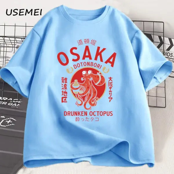 Osaka Dotonbori Drunken Octopus Graphic T Shirts Japanese Style Street Food Lover Tshirt Cotton Vintage Short Sleeve