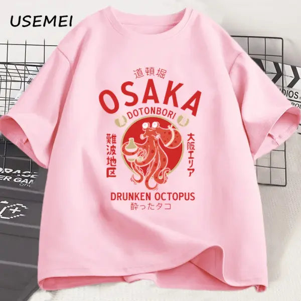Osaka Dotonbori Drunken Octopus Graphic T Shirts Japanese Style Street Food Lover Tshirt Cotton Vintage Short Sleeve