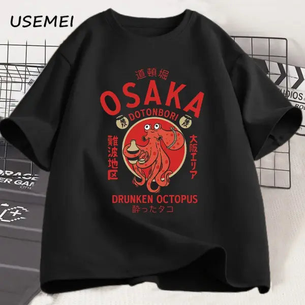Osaka Dotonbori Drunken Octopus Graphic T Shirts Japanese Style Street Food Lover Tshirt Cotton Vintage Short Sleeve