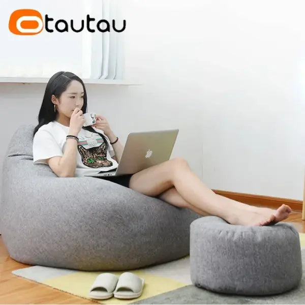 OTAUTAU Linen Bean Bag Chair with Filling Beanbag Pouf Ottoman Footstool Tatami Round Stool Futon Puff Relax Lounge