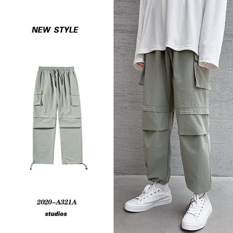 Overalls Men’’s Plus Bulky Loose Legged Pants Fashion Brand Summer Casual Hip Hop Wide Leg Pants - Army Green / 2XL