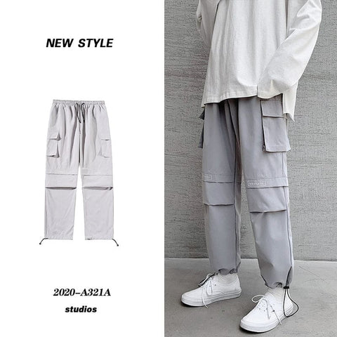 Overalls Men’’s Plus Bulky Loose Legged Pants Fashion Brand Summer Casual Hip Hop Wide Leg Pants - Light Grey / 2XL