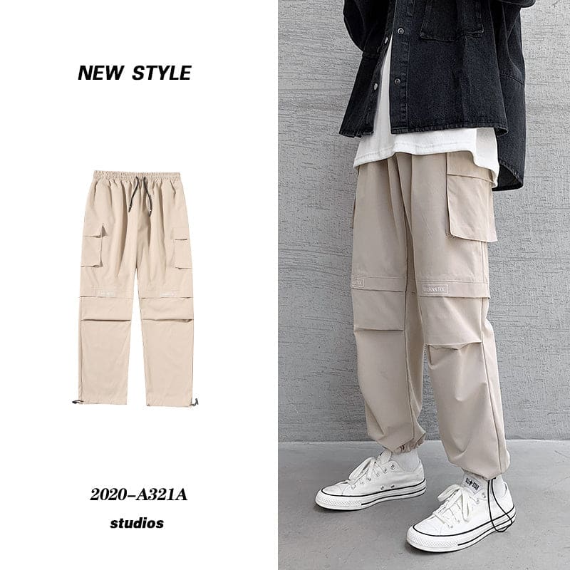 Overalls Men’’s Plus Bulky Loose Legged Pants Fashion Brand Summer Casual Hip Hop Wide Leg Pants - Khaki / 2XL