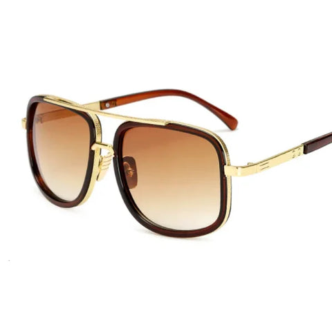 Oversized Flat Top Square Sunglasses – Unisex Gold Mirror Shades - Gold Brown