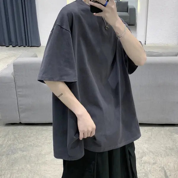 Oversized Summer Short Sleeve Men’s T Shirt New Fashion Solid Loose O-Neck T Shirts Mens Cotton Hip Hop Streetwear Top
