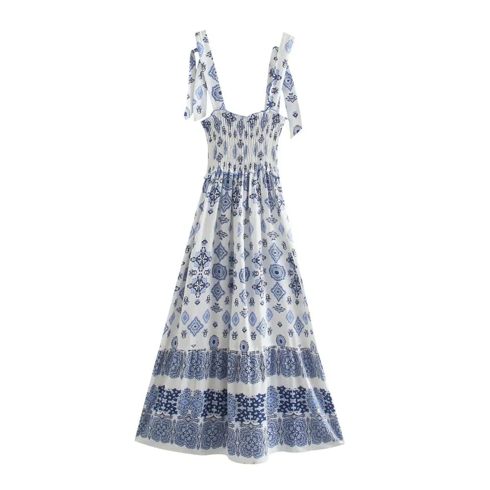 Paisley Dress – Elegant Blue Spaghetti Strap Summer Dress - white / XS