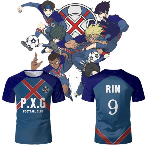 Paris X Gen P.X.G Blue Lock Japanese Anime Jersey Football Uniform No.9 Rin Shidou Cosplay T Shirts Customized Name