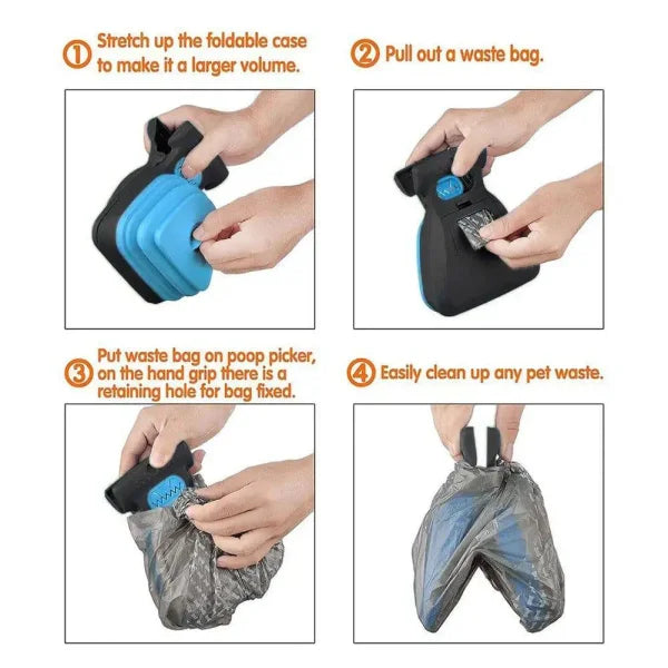 Foldable pet waste bag dispenser with usage instructions for PawsClean Dog Pooper Scooper