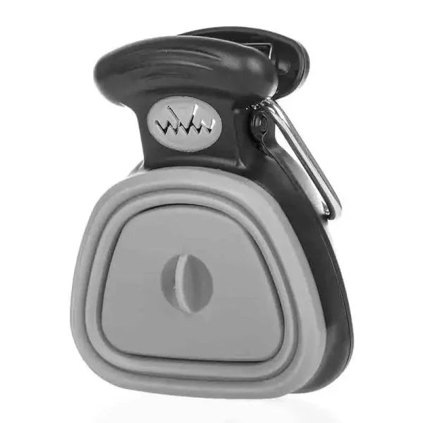 Black and gray PawsClean Dog waste bag dispenser with clip for pet waste cleanup