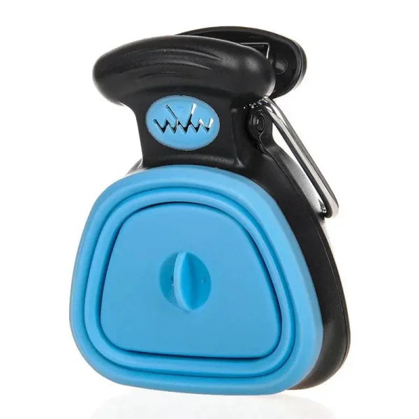 Black and blue plastic dog waste bag dispenser with carabiner for PawsClean Dog Pooper Scooper