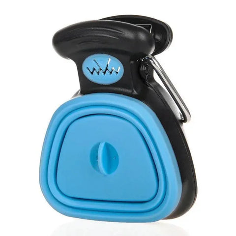 Black and blue plastic dog waste bag dispenser with carabiner for PawsClean Dog Pooper Scooper