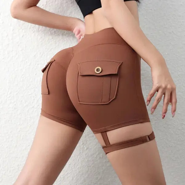 Peach Butt Fitness Shorts Women’s Exercise Three-Quarter Pants Cargo Air Dry Pocket Yoga Tight Lift Summer - camel / M