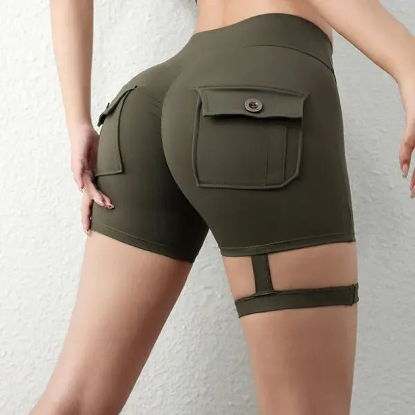 Peach Butt Fitness Shorts Women’s Exercise Three-Quarter Pants Cargo Air Dry Pocket Yoga Tight Lift Summer - army green