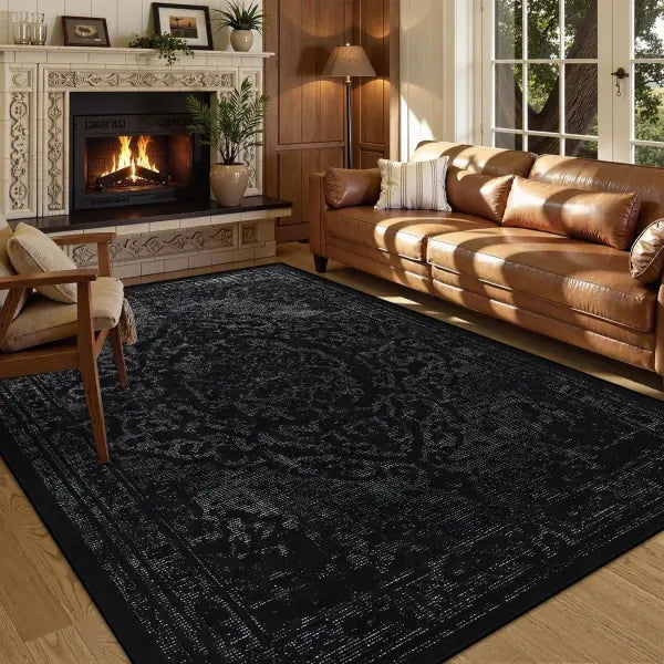 Persian American Black Washable Mat Polyester Retro Living Room Decoration - BS208-Flannel-3 / 80x120cm 31.5x47.2in