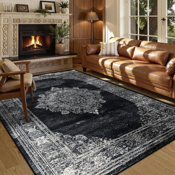 Persian American Black Washable Mat Polyester Retro Living Room Decoration - BS212-Flannel-7 / 80x120cm 31.5x47.2in