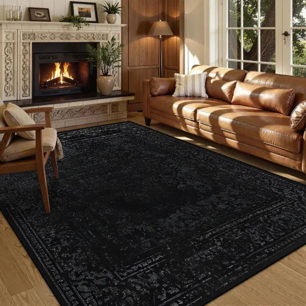 Persian American Black Washable Mat Polyester Retro Living Room Decoration - BS218-Flannel-13 / 100x200cm 39.4x78in