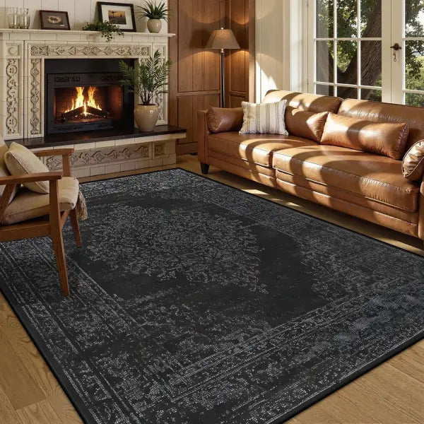 Persian American Black Washable Mat Polyester Retro Living Room Decoration - BS215-Flannel-10 / 140x200cm 55x78.7in