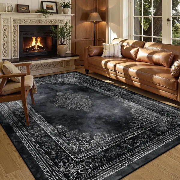 Persian American Black Washable Mat Polyester Retro Living Room Decoration - BS216-Flannel-11 / 160x200cm 63x78.7in