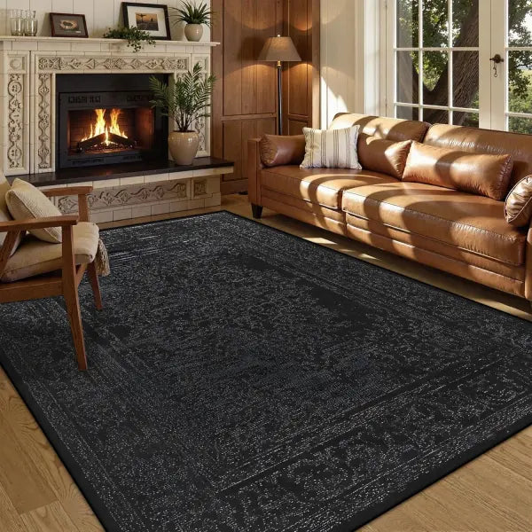 Persian American Black Washable Mat Polyester Retro Living Room Decoration - BS220-Flannel-15 / 180x250cm 71x98in