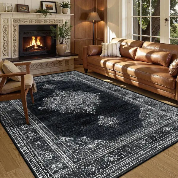 Persian American Black Washable Mat Polyester Retro Living Room Decoration - BS210-Flannel-5 / 80x120cm 31.5x47.2in