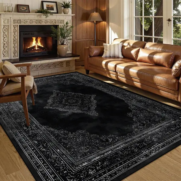 Persian American Black Washable Mat Polyester Retro Living Room Decoration - BS219-Flannel-14 / 160x230cm 63x90in