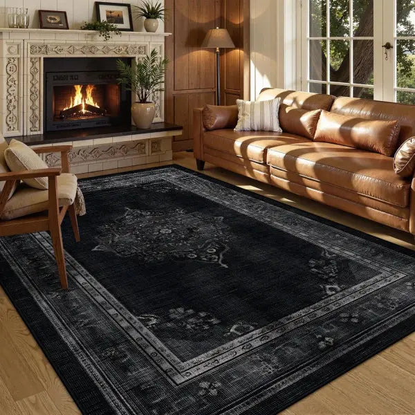 Persian American Black Washable Mat Polyester Retro Living Room Decoration - BS217-Flannel-12 / 80x160cm 31.5x63in