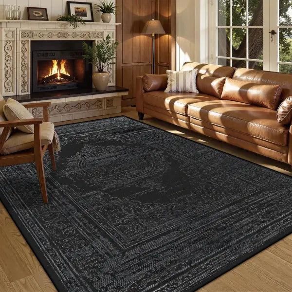 Persian American Black Washable Mat Polyester Retro Living Room Decoration - BS214-Flannel-9 / 120x160cm 47x63in