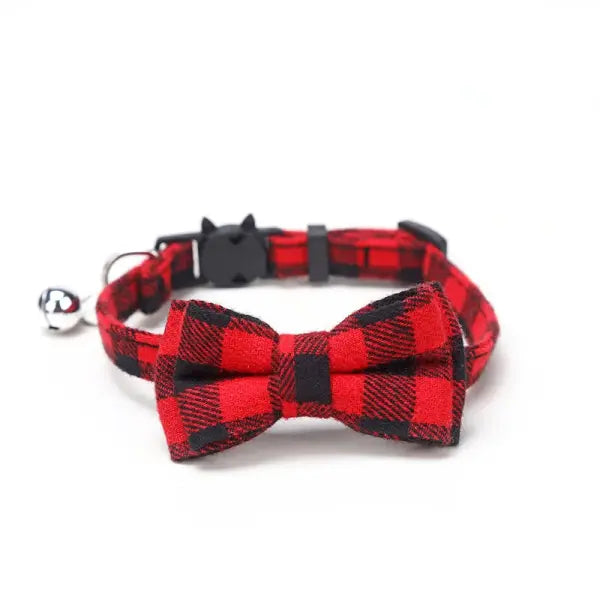 Pet Breakaway Cat Collar Bow Tie and Bell Cute Plaid Christmas Red Elastic Adjustable Dog Collar With Sash Small Bell