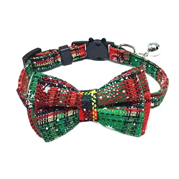 Pet Breakaway Cat Collar Bow Tie and Bell Cute Plaid Christmas Red Elastic Adjustable Dog Collar With Sash Small Bell