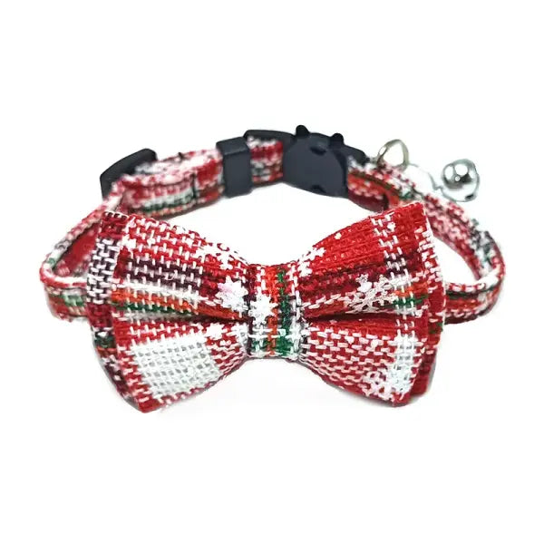 Pet Breakaway Cat Collar Bow Tie and Bell Cute Plaid Christmas Red Elastic Adjustable Dog Collar With Sash Small Bell