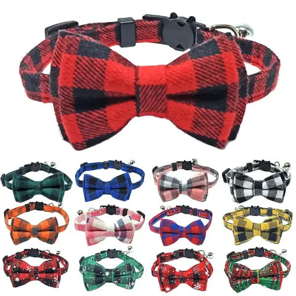 Pet Breakaway Cat Collar Bow Tie and Bell Cute Plaid Christmas Red Elastic Adjustable Dog Collar With Sash Small Bell