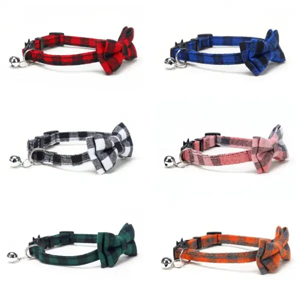 Pet Breakaway Cat Collar Bow Tie and Bell Cute Plaid Christmas Red Elastic Adjustable Dog Collar With Sash Small Bell