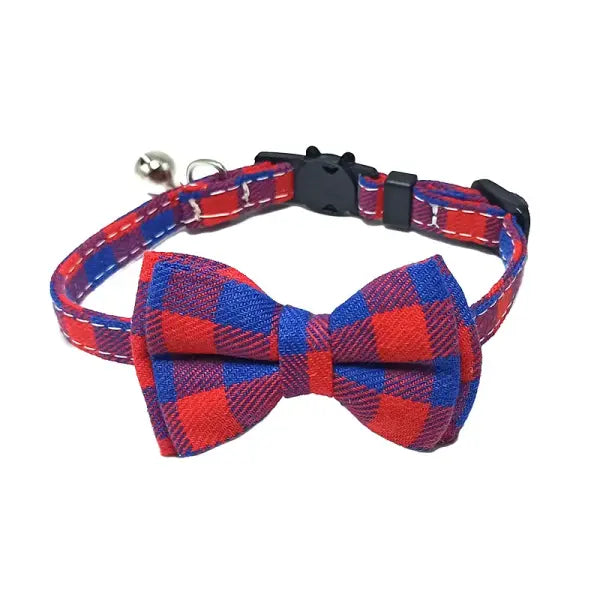 Pet Breakaway Cat Collar Bow Tie and Bell Cute Plaid Christmas Red Elastic Adjustable Dog Collar With Sash Small Bell