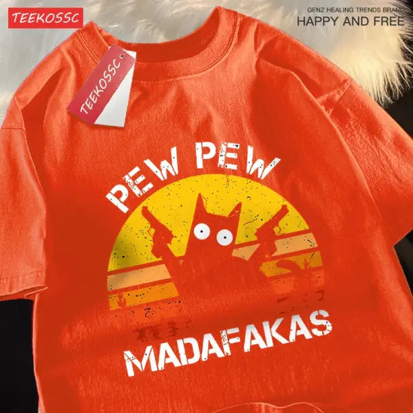 Pew Pew Madafakas Cat With Two Guns T-Shirts Man Street Summer Short Sleeve Harajuku Cotton Tshirt Oversized Breathable