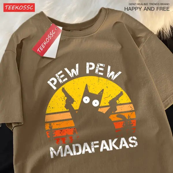 Pew Pew Madafakas Cat With Two Guns T-Shirts Man Street Summer Short Sleeve Harajuku Cotton Tshirt Oversized Breathable